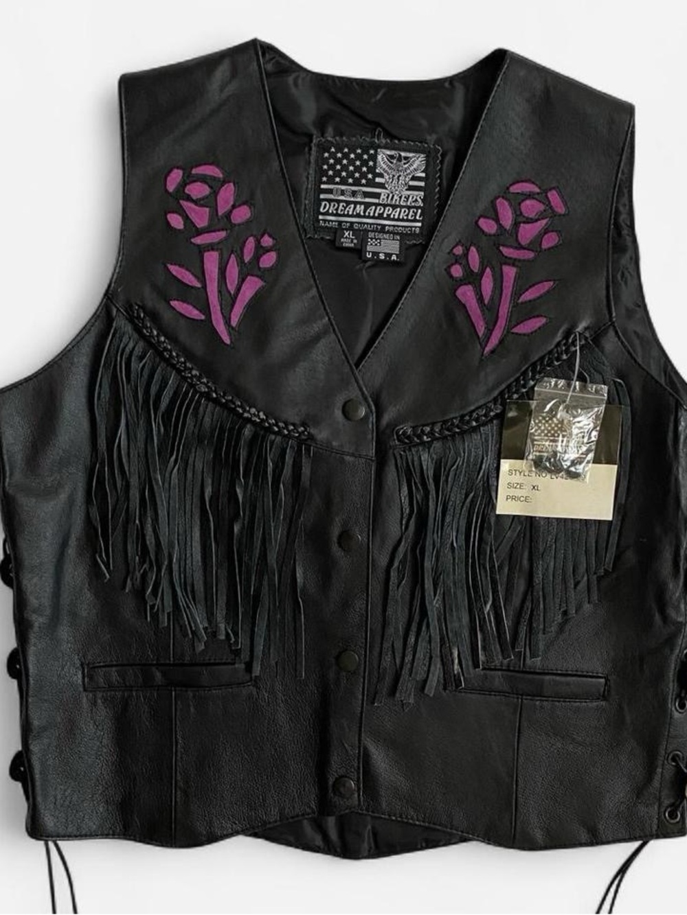 Vintage black leather floral fringe vest